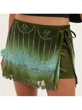 Free People Olive Green Embroidered Wrap Skirt